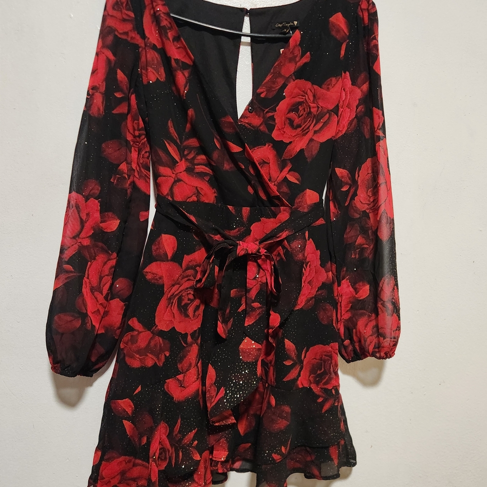 City Triangles Red and Black V-Neck Long Sleeve Dress